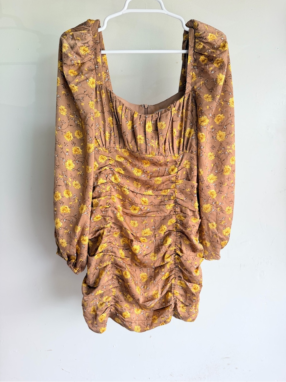 Lush Brown Floral Ruched Long-Sleeve Mini Dress with Yellow Flowers